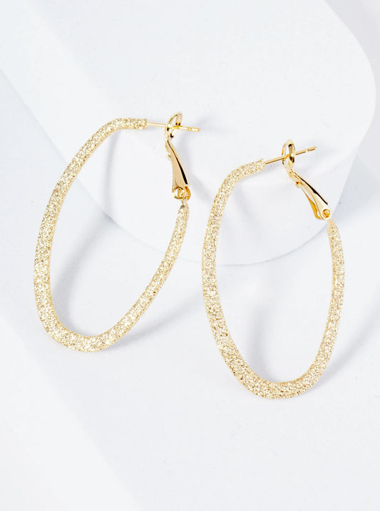 40mm Sand-Texture 14K-Gold-Dipped Oval Flat Latch-Back Hoop Earrings