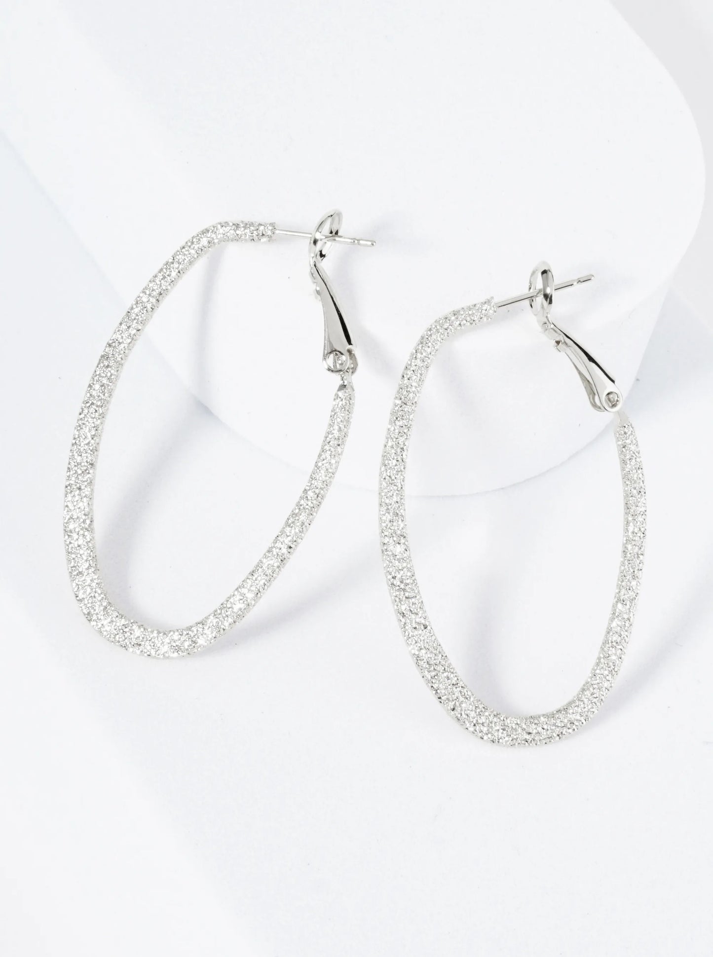 40mm Sparkling Textured Oval Flat Latch Back Hoop Earrings