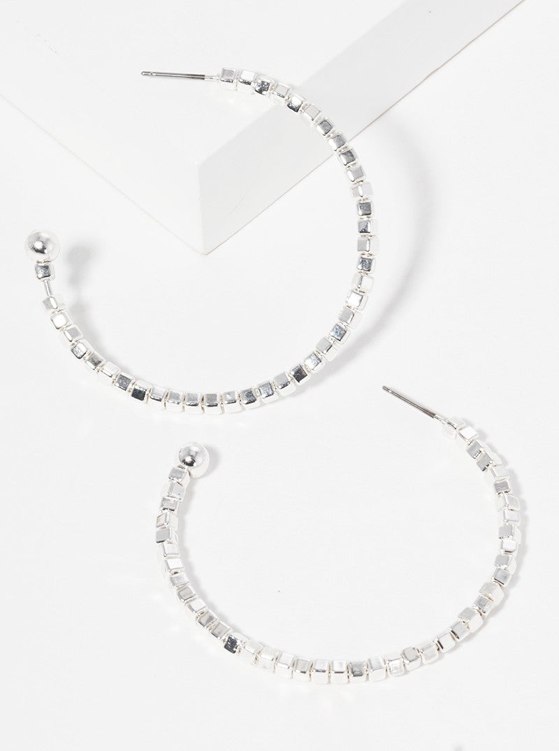40mm Steel Wire With Cube Seed Bead Lightweight Hoop Earrings SILVER
