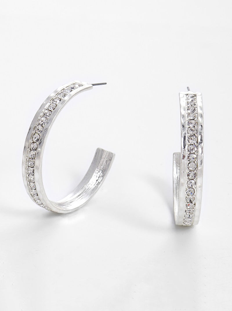 40mm Crystal Pave Hammered Metal Hoop Earrings