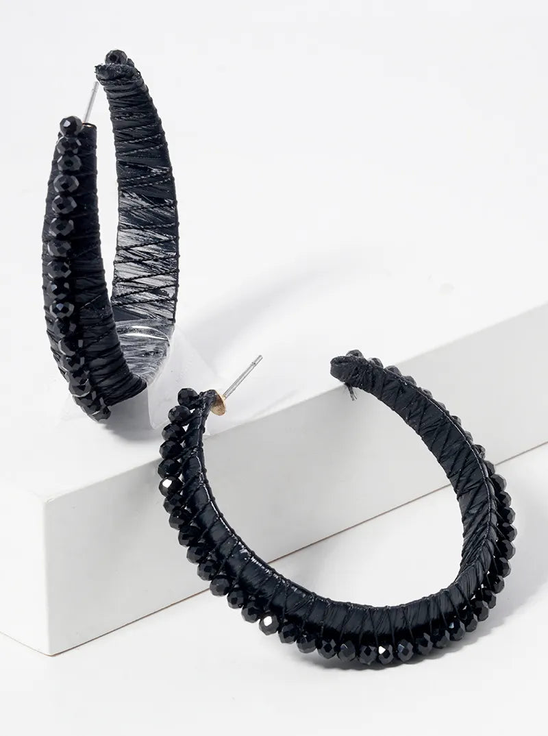 40mm Glass Bead And Raffia Wrapped Open Hoop Earrings