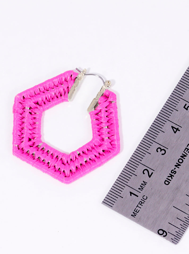 40mm Raffia Wrapped Hexagon Latch Hoop Earrings