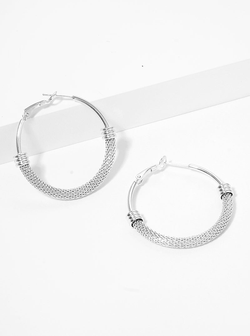 40mm Stainless Steel Mesh Chain Omega Back Hoop Earrings SILVER