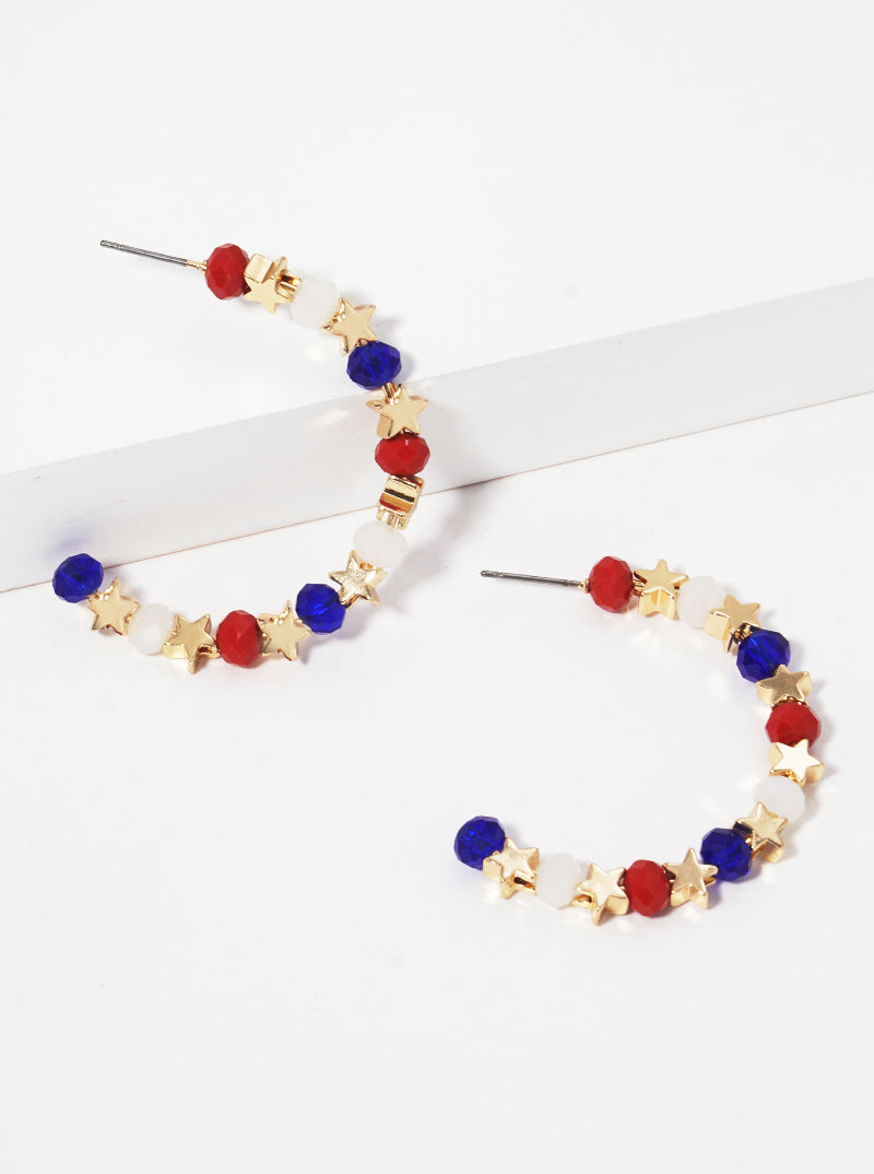 40mm Star And Faceted Beaded USA Open Hoop Earrinigs