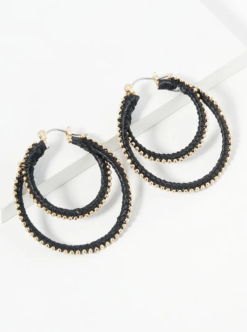 40mm Thread Wrapped Beaded Raffia Double Hoop Earrings