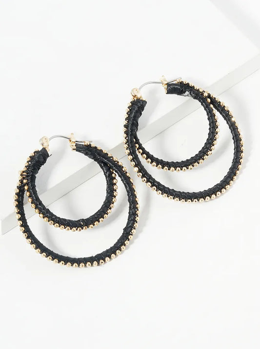 40mm Thread Wrapped Beaded Raffia Double Hoop Earrings