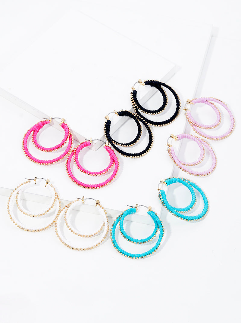 40mm Thread Wrapped Beaded Raffia Double Hoop Earrings