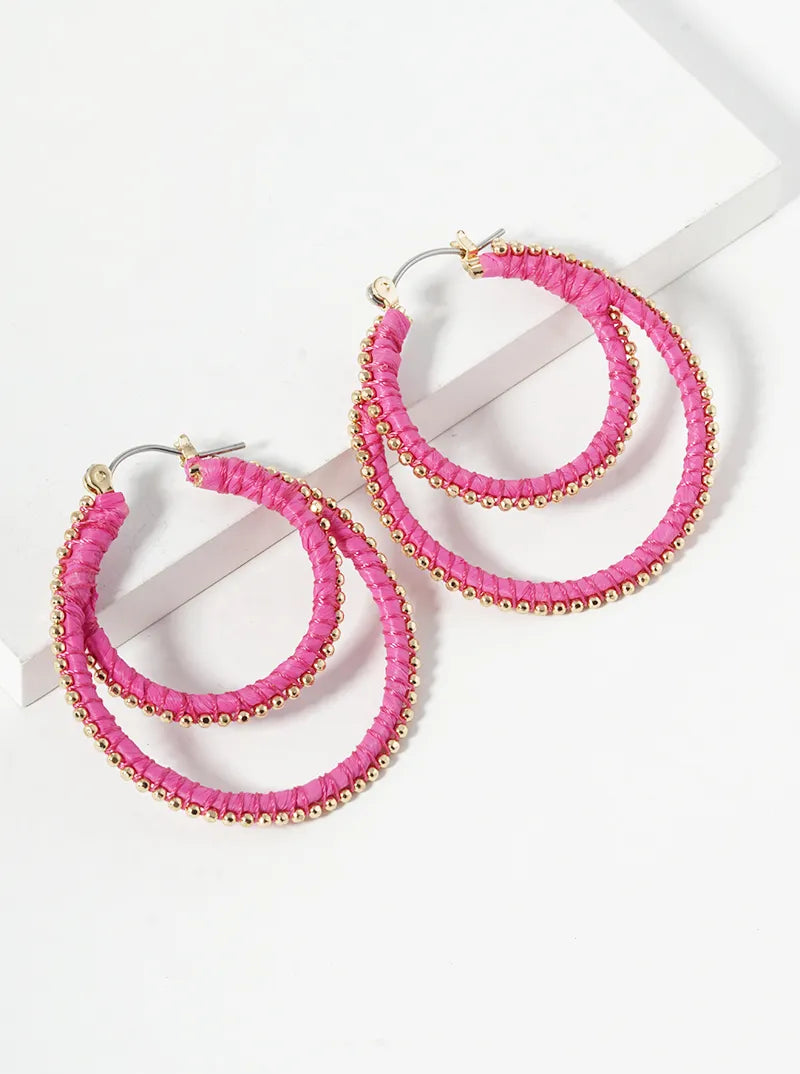 40mm Thread Wrapped Beaded Raffia Double Hoop Earrings