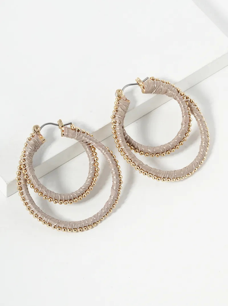 40mm Thread Wrapped Beaded Raffia Double Hoop Earrings