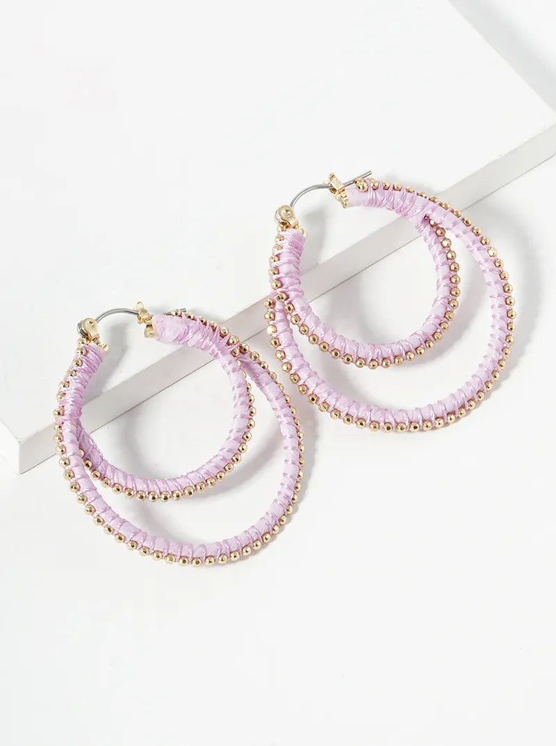 40mm Thread Wrapped Beaded Raffia Double Hoop Earrings