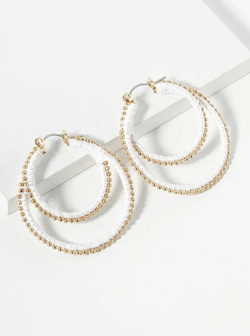 40mm Thread Wrapped Beaded Raffia Double Hoop Earrings