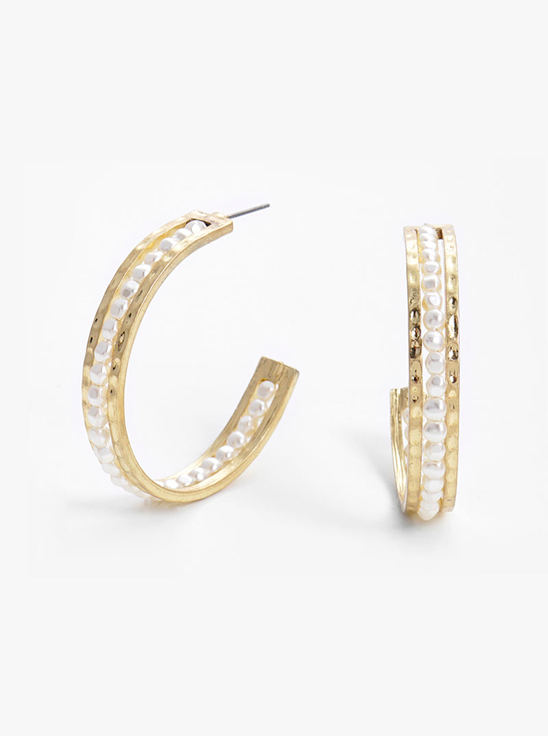 40mm Wired Acrylic Pearls  Hammered Metal Hoop Earrings