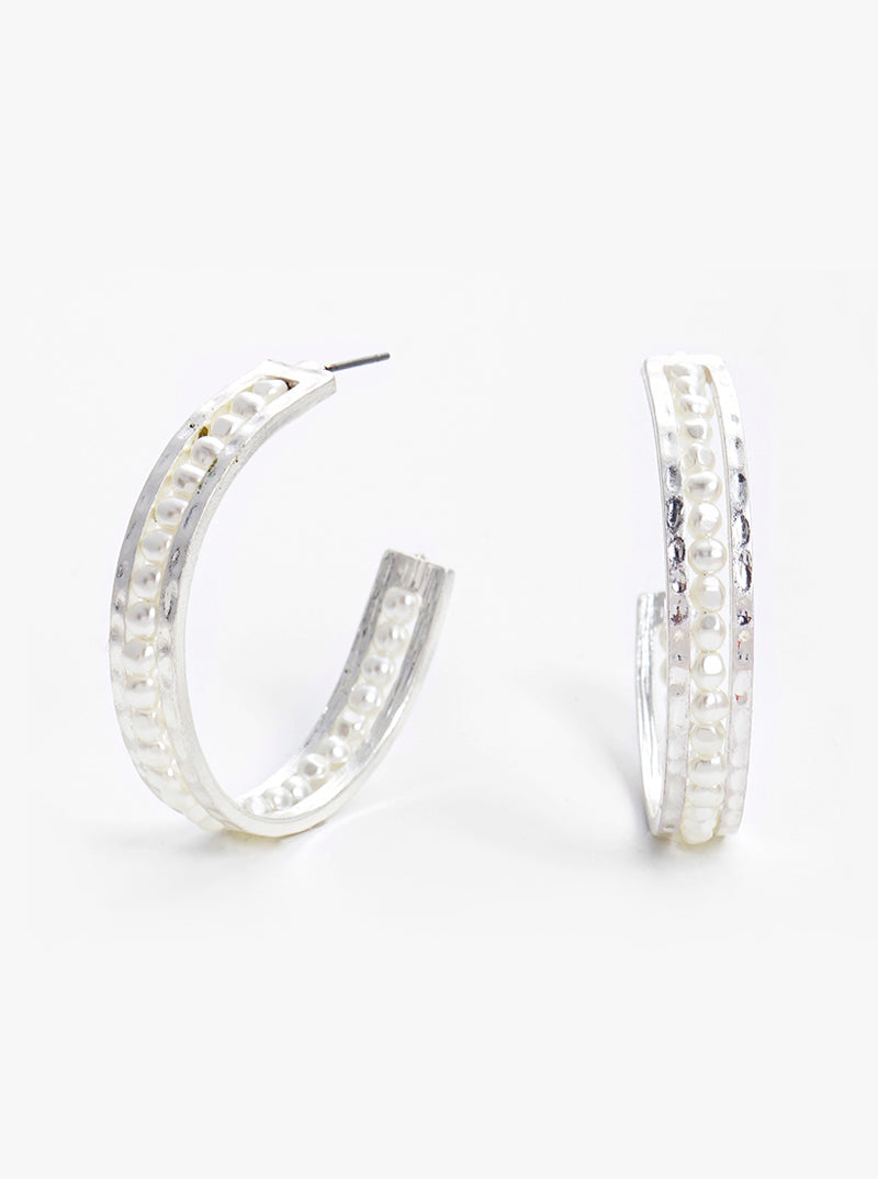 40mm Wired Acrylic Pearls  Hammered Metal Hoop Earrings