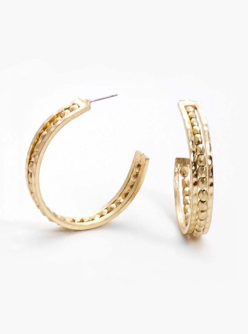 40mm Wired Beads Hammered Metal Hoop Earrings Worn gold