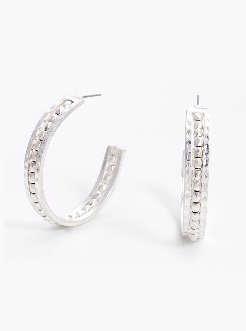 40mm Wired Beads Hammered Metal Hoop Earrings Worn silver