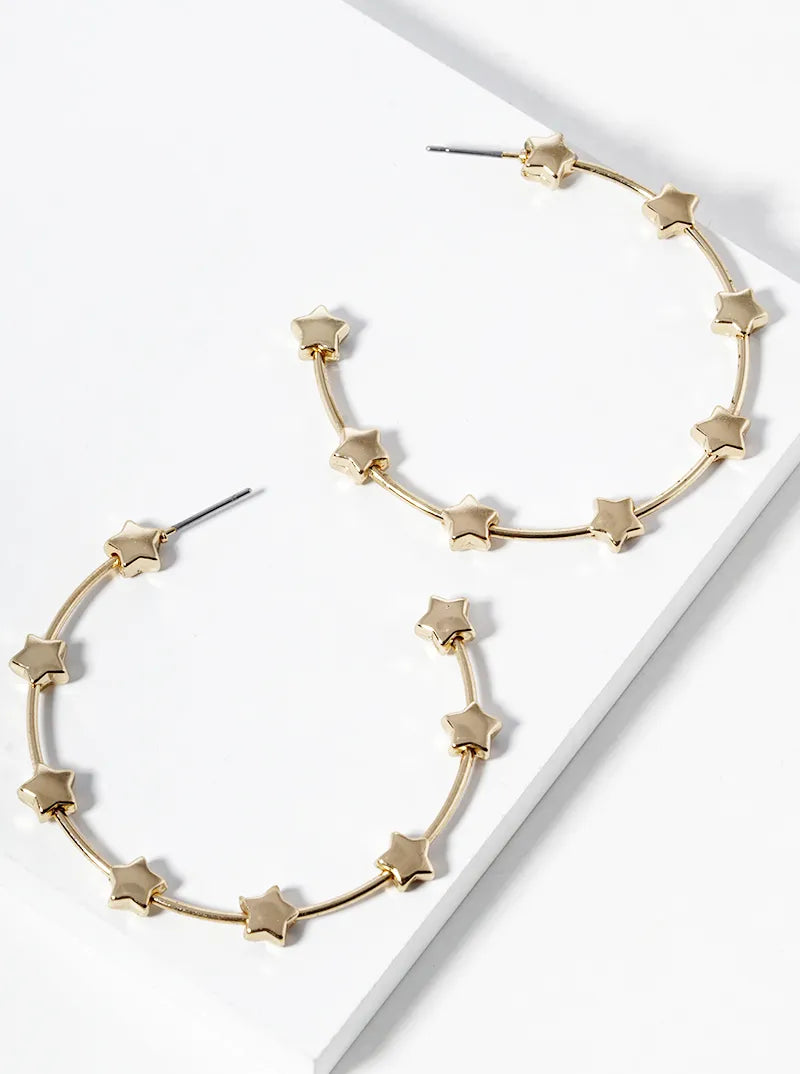45mm Metallic Star Bead Satellite Open Hoop Earrings