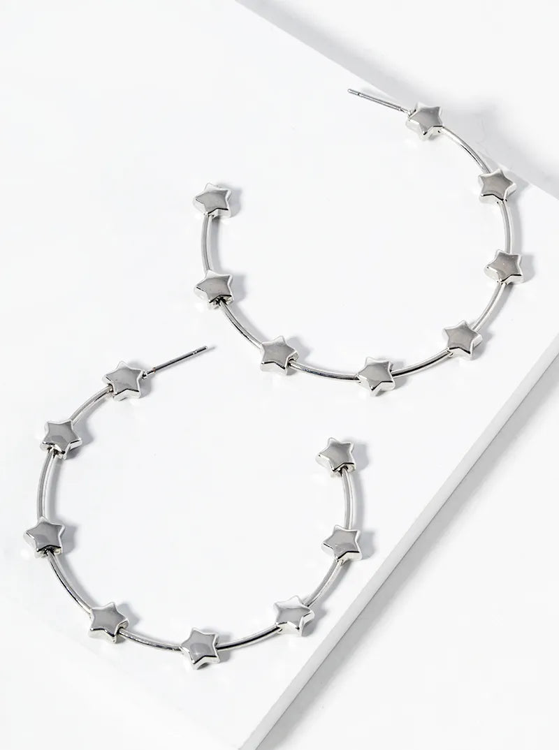 45mm Metallic Star Bead Satellite Open Hoop Earrings