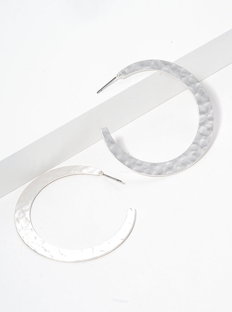 45mm Hammered Metal Flat Round Open Hoop Earrings Matte silver