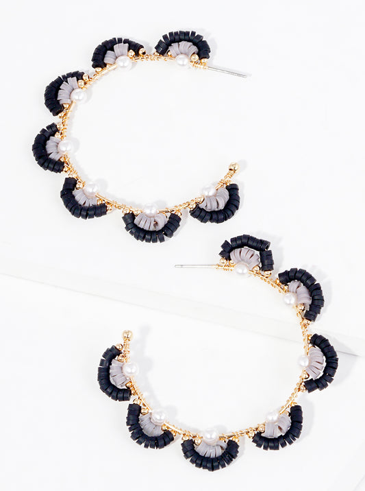 45mm Pearl And Clay Beaded Flower Open Hoop Earrings