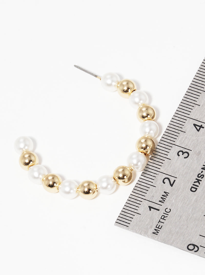 45mm Polished Gold Metallic Ball And Pearl Open Hoop Earrings