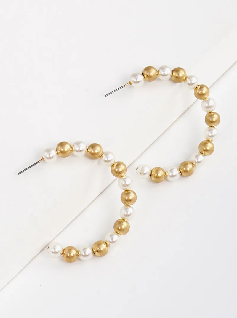 45mm Polished Gold Metallic Ball And Pearl Open Hoop Earrings