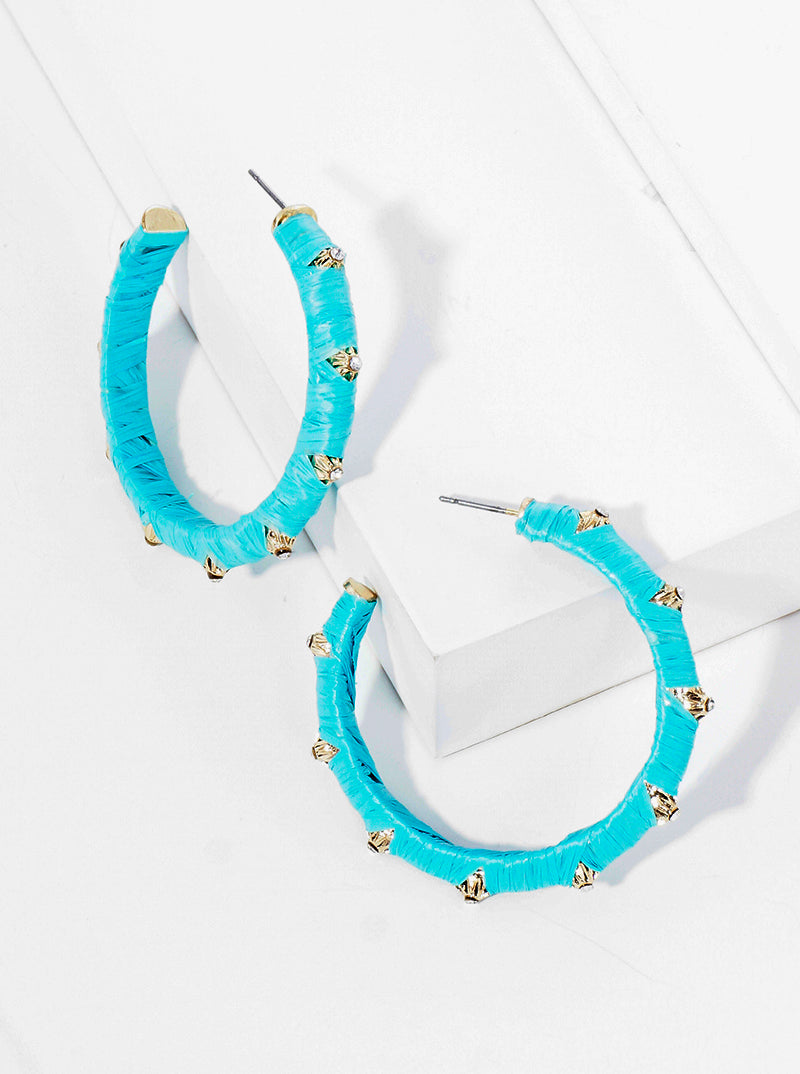 45mm Raffia Wrapped Crystal Pave Open Hoop Earrings