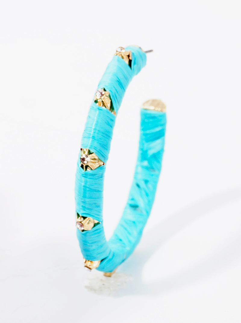 45mm Raffia Wrapped Crystal Pave Open Hoop Earrings