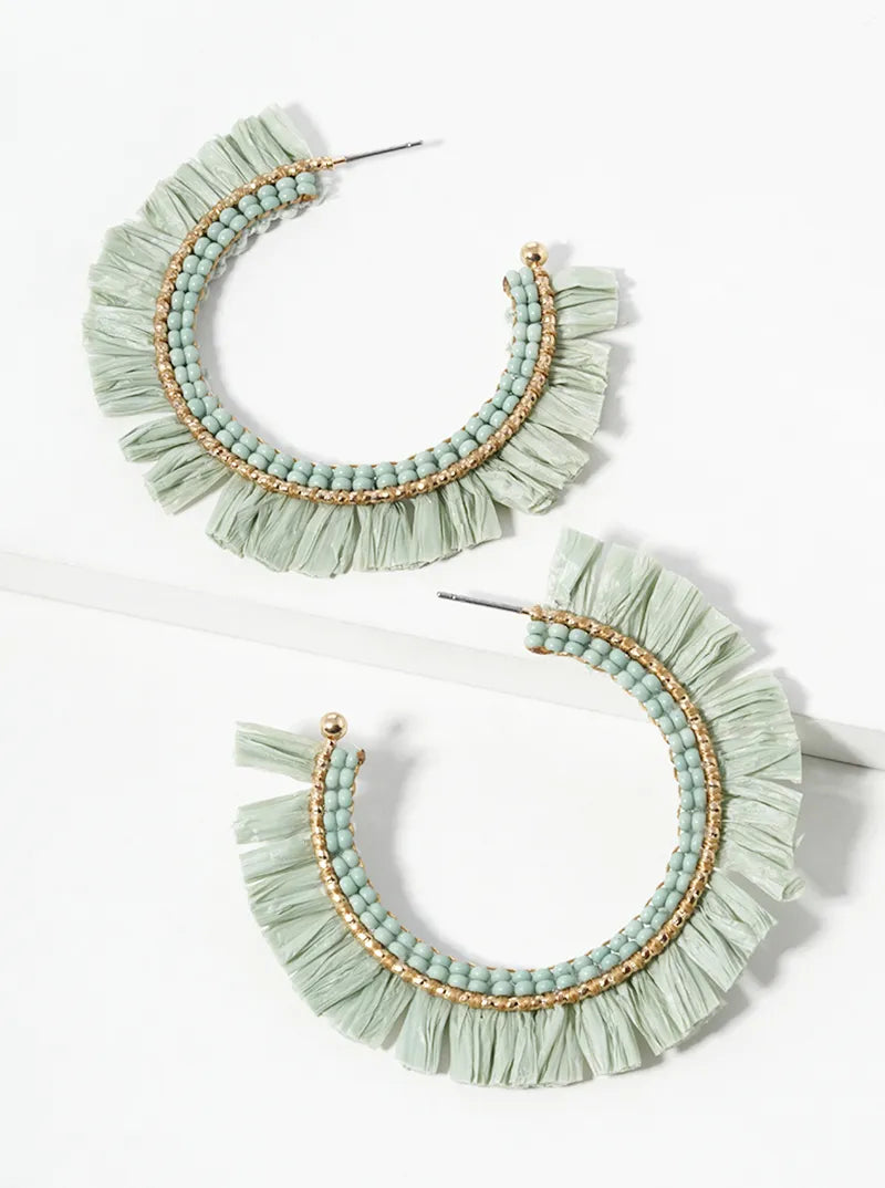 45mm Seed Beaded Raffia Fringe Open Hoop Earrings