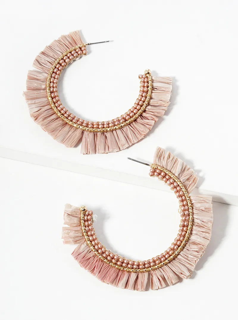 45mm Seed Beaded Raffia Fringe Open Hoop Earrings