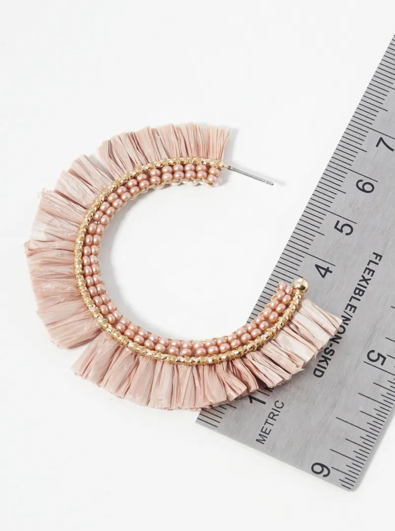 45mm Seed Beaded Raffia Fringe Open Hoop Earrings
