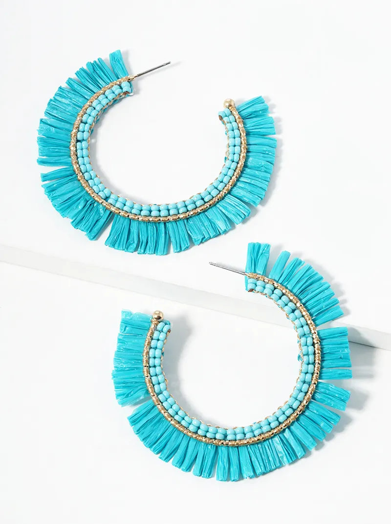 45mm Seed Beaded Raffia Fringe Open Hoop Earrings