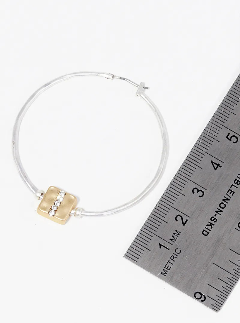 45mm Textured Metal Crystal Pave Square Accent Hinged Hoop Earrings