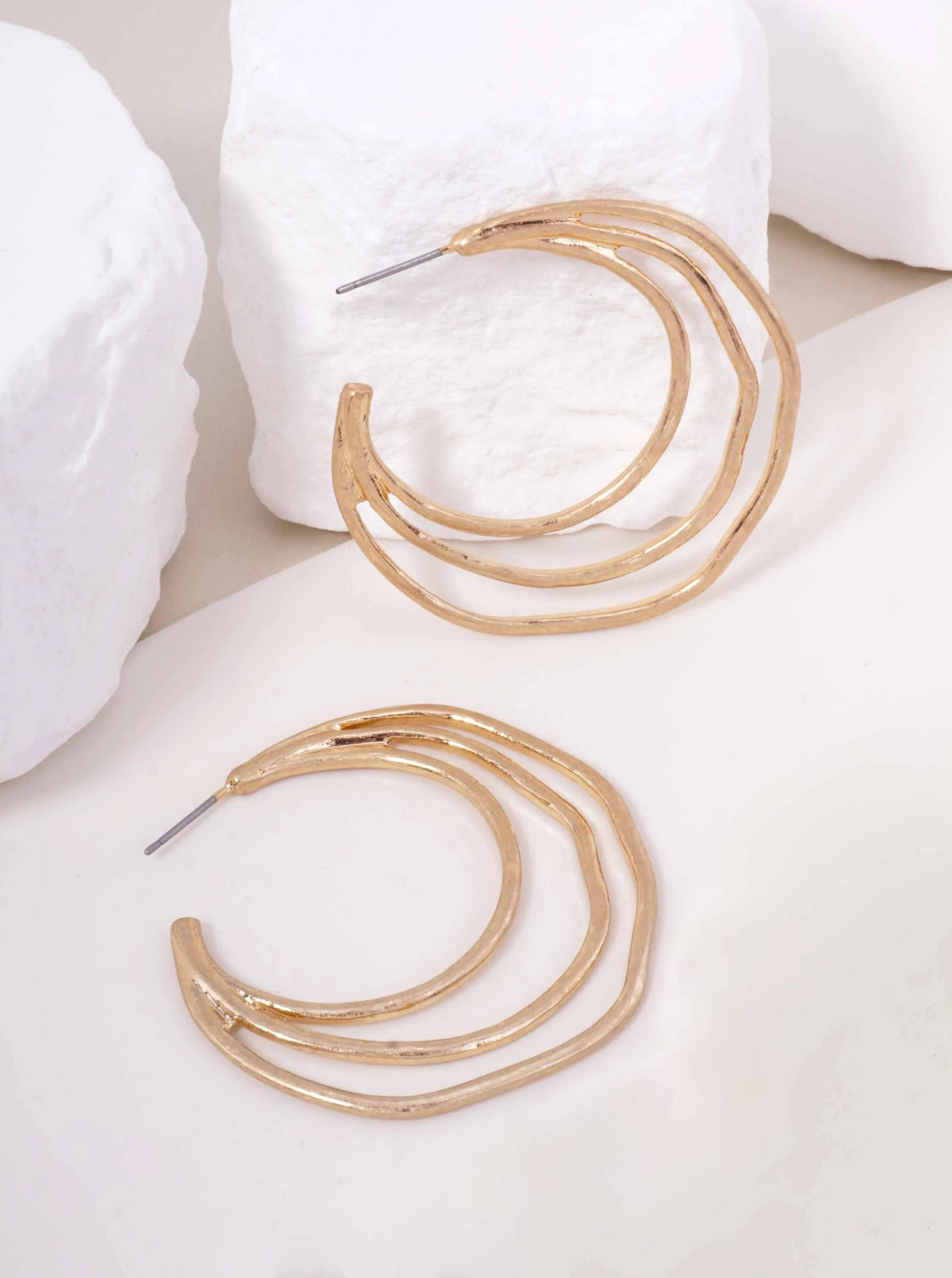 48mm Organic Hammered Layer Hoop Earrings - Worn Gold