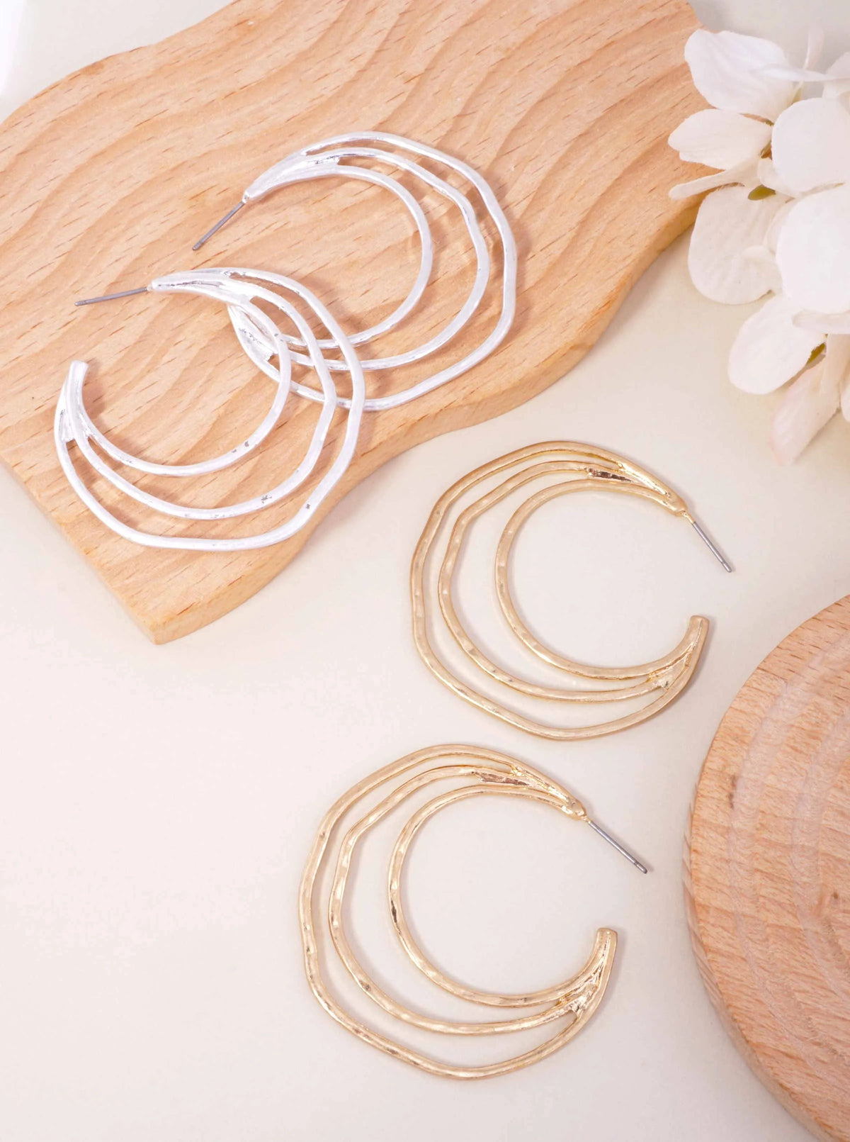 48mm Organic Hammered Layer Hoop Earrings - Worn Gold
