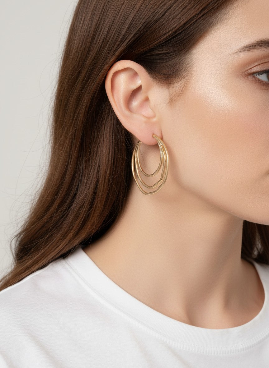 48mm Organic Hammered Layer Hoop Earrings - Worn Gold