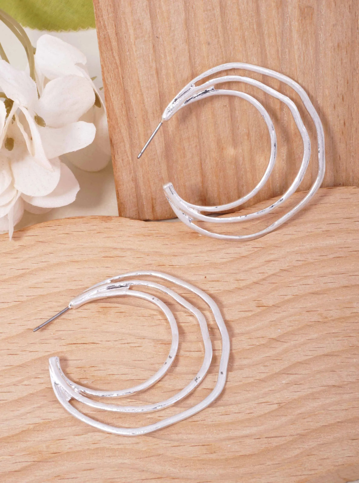 48mm Organic Hammered Layer Hoop Earrings - Worn Silver