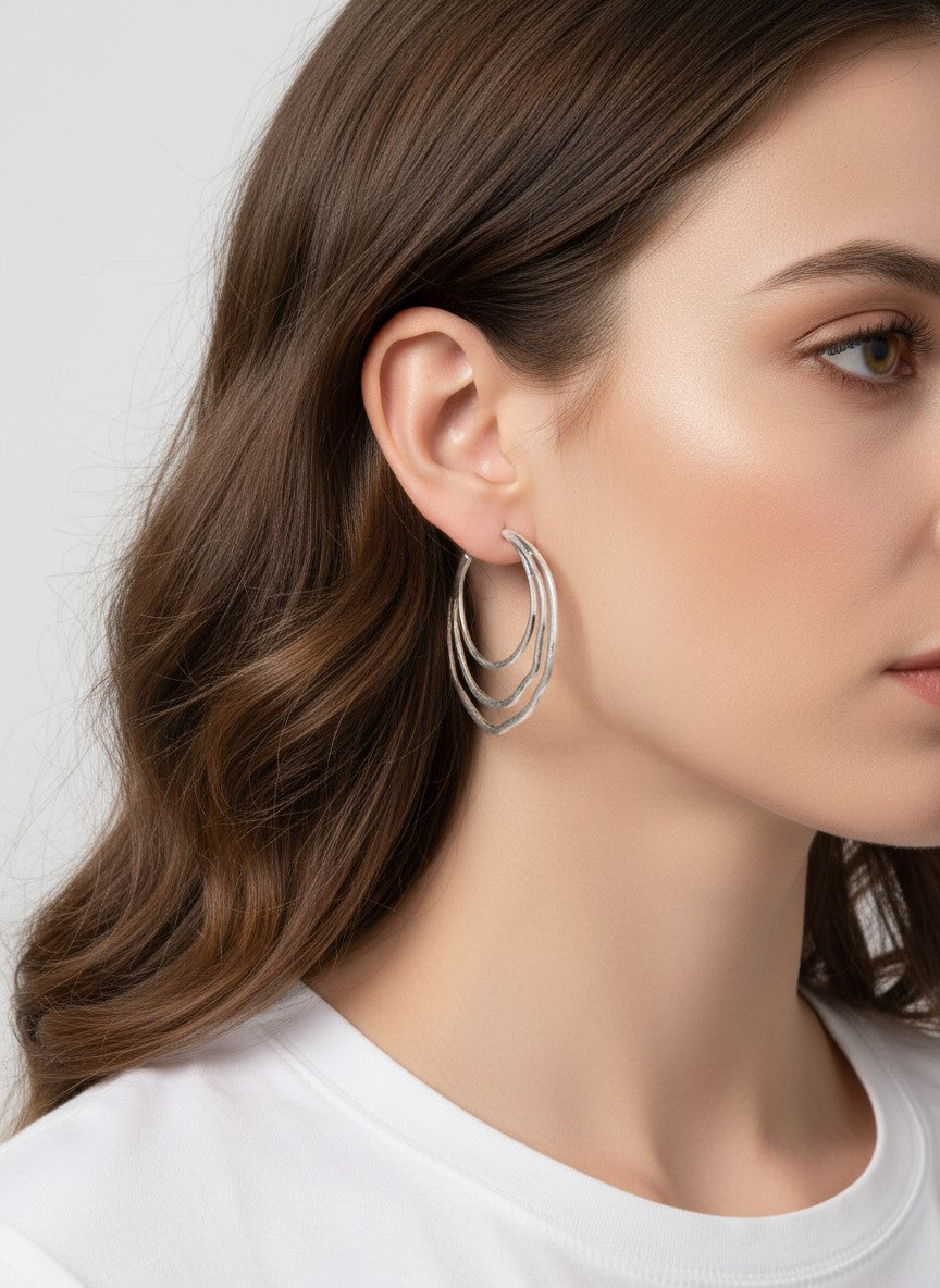 48mm Organic Hammered Layer Hoop Earrings - Worn Silver