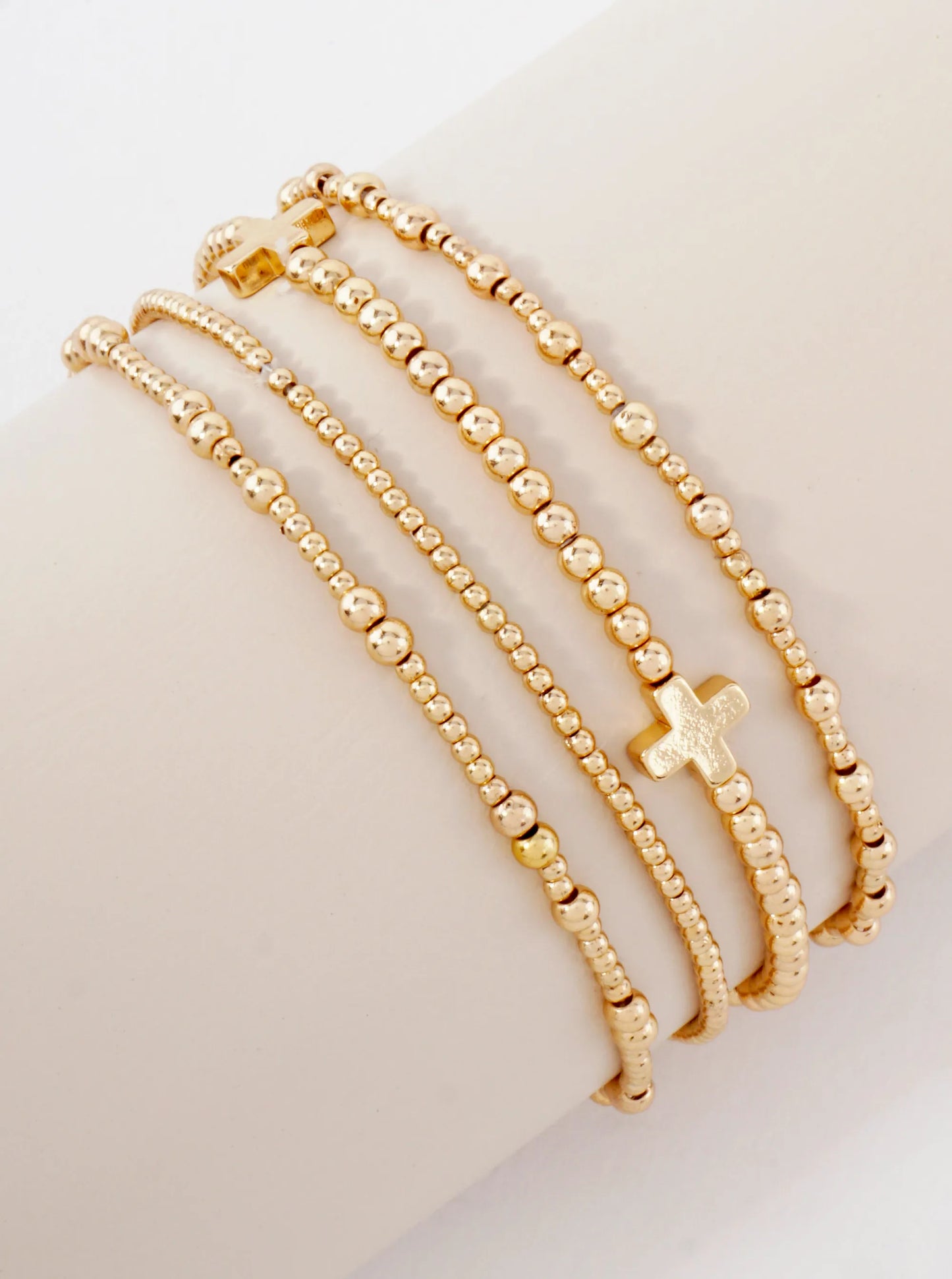 4PC-Set Cross Accents Metallic Beaded Stackable Stretch Bracelet