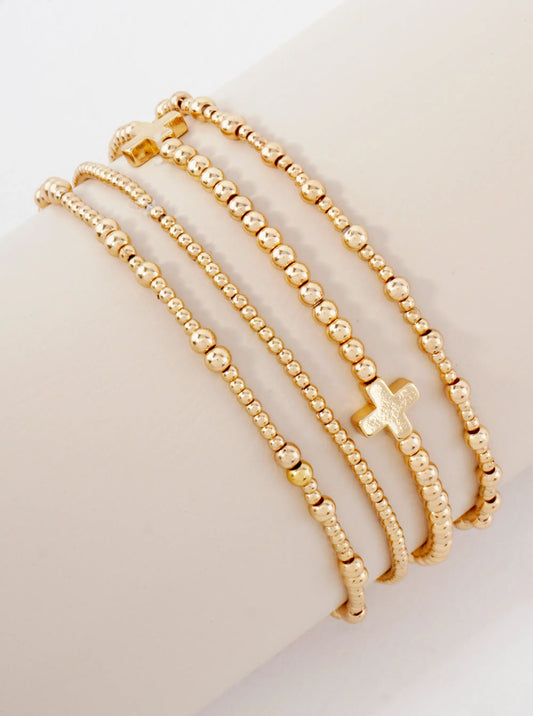 4PC-Set Cross Accents Metallic Beaded Stackable Stretch Bracelet