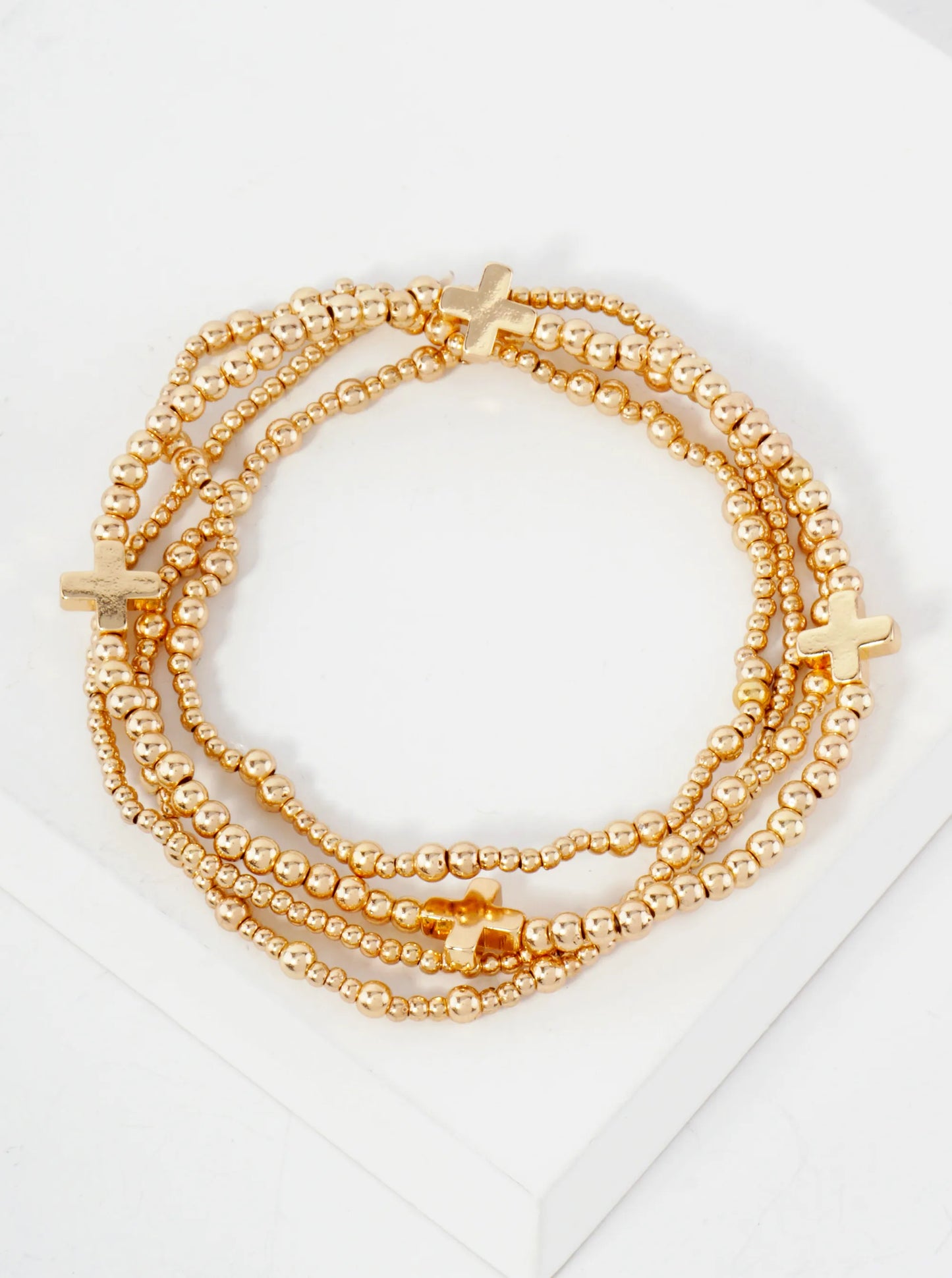 4PC-Set Cross Accents Metallic Beaded Stackable Stretch Bracelet