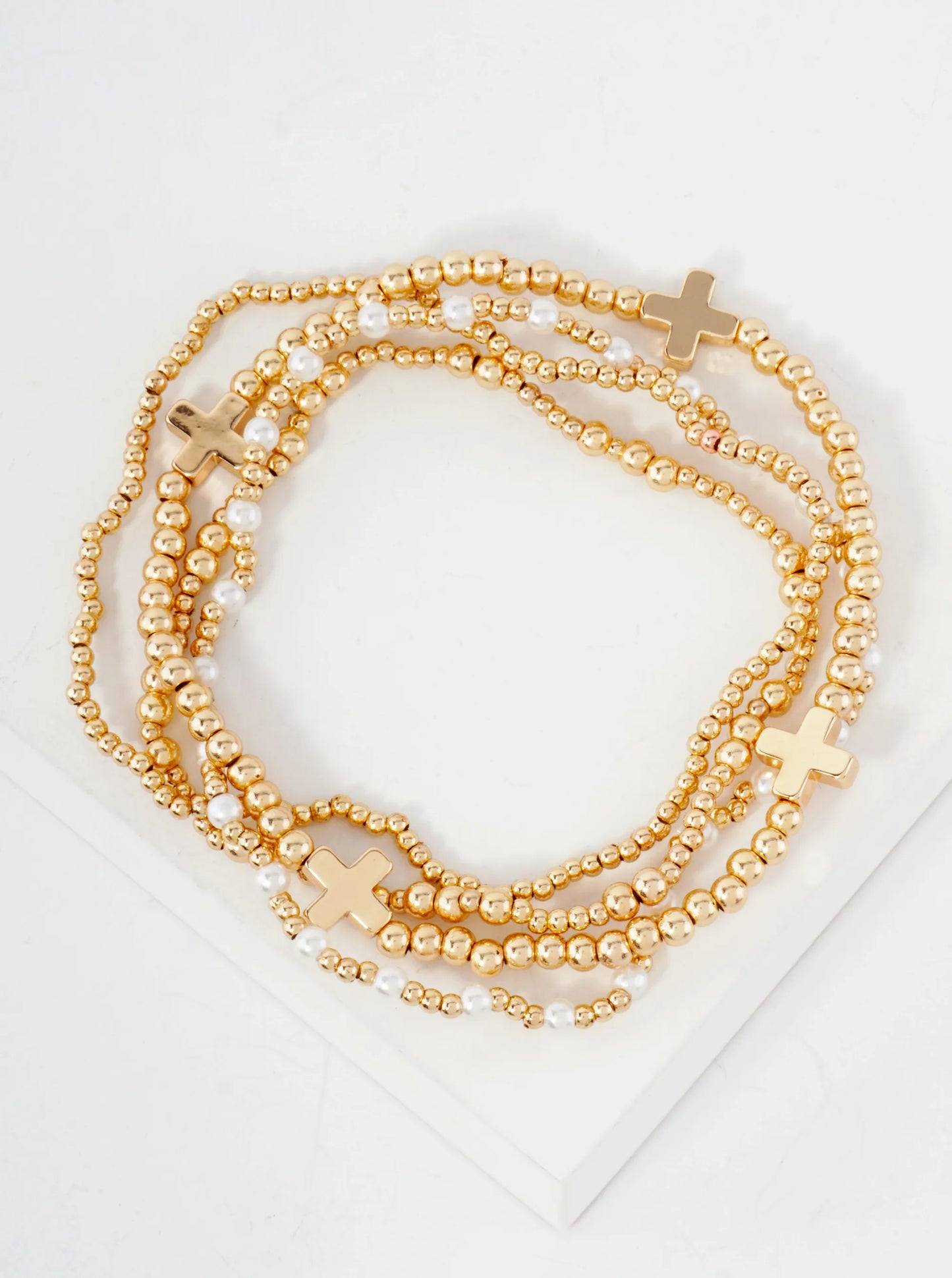4PC-Set Cross Accents Metallic Beaded Stackable Stretch Bracelet