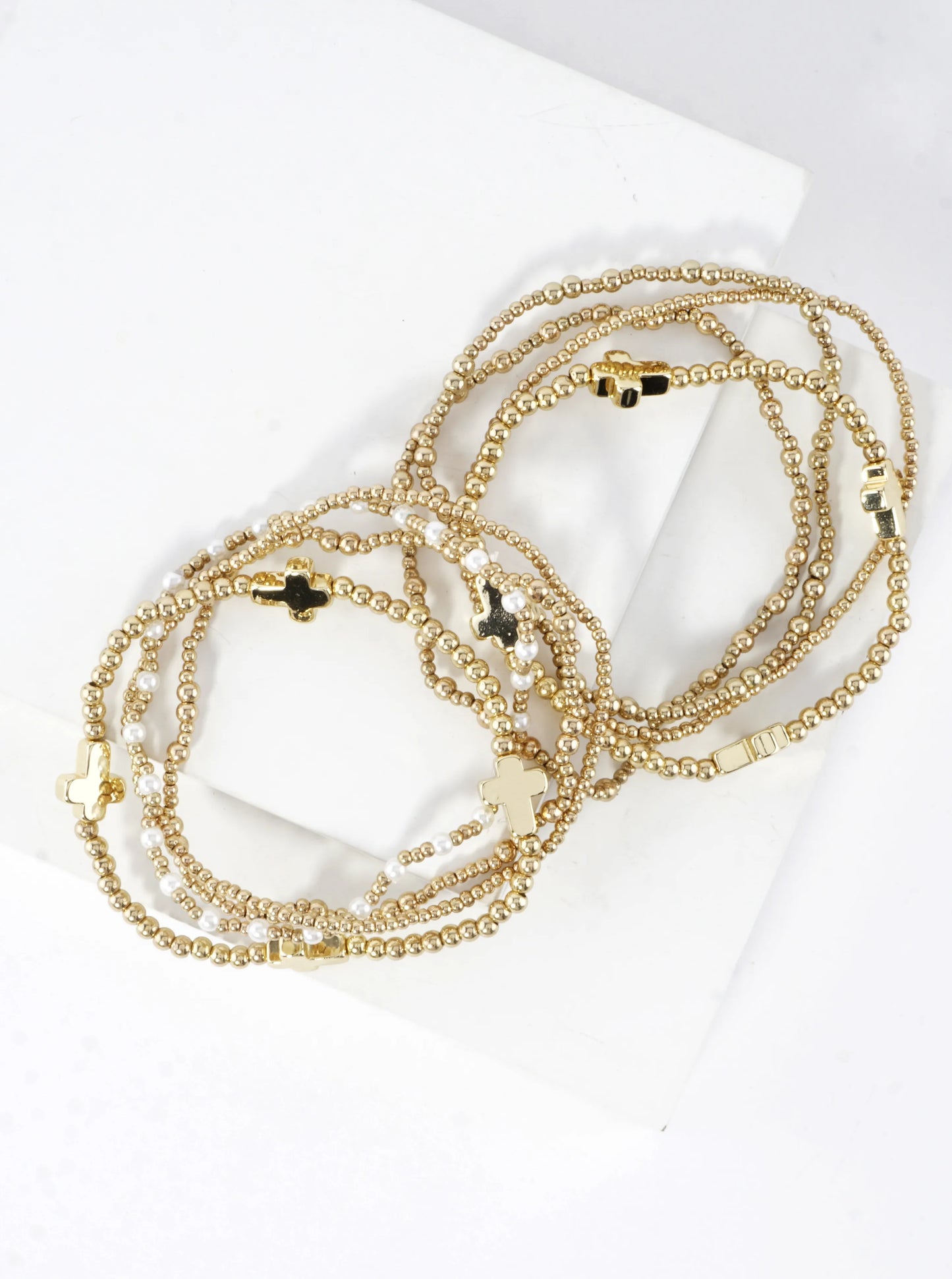 4PC-Set Cross Accents Metallic Stretch Bracelets