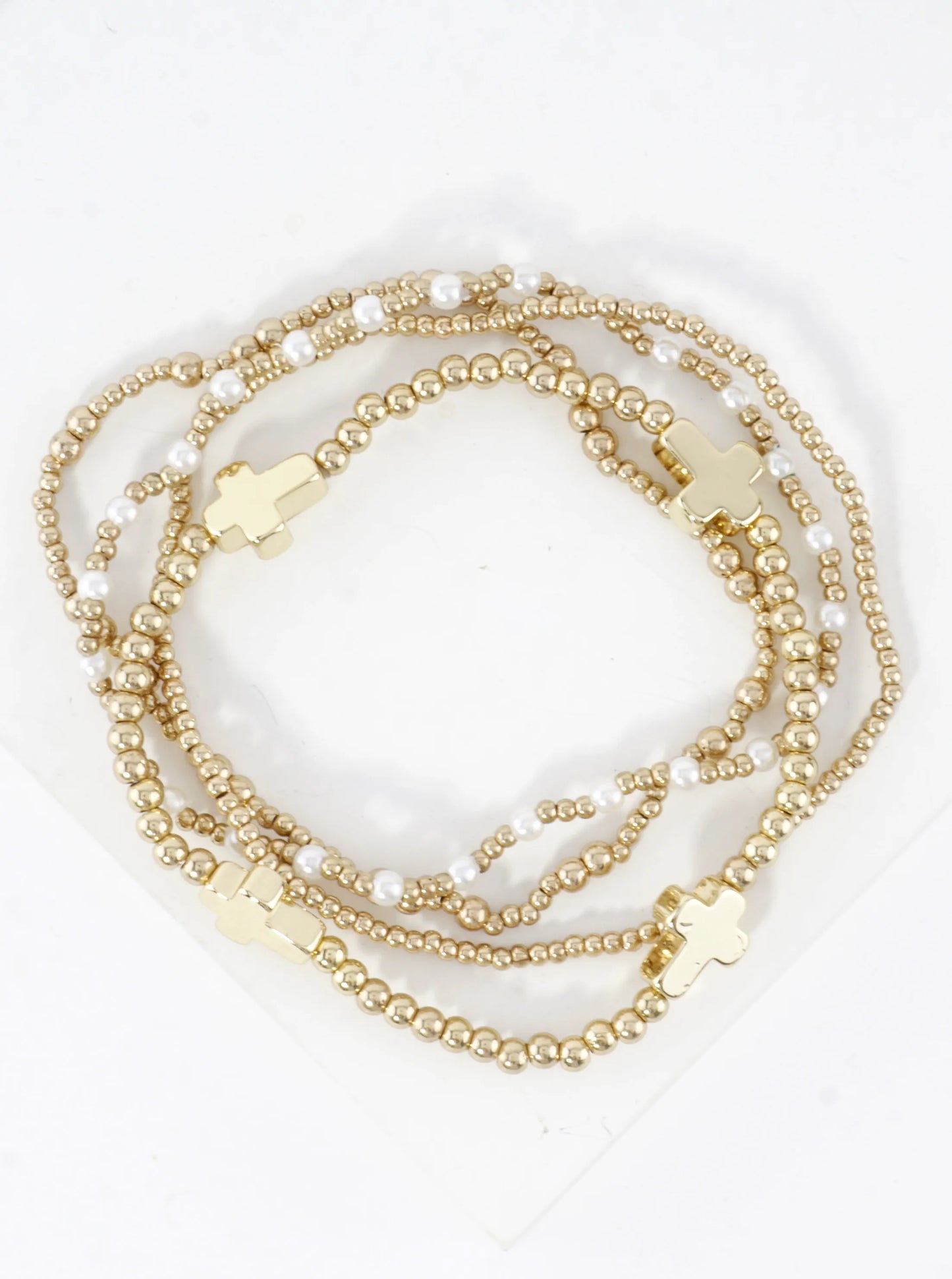 4PC-Set Cross Accents Metallic Stretch Bracelets