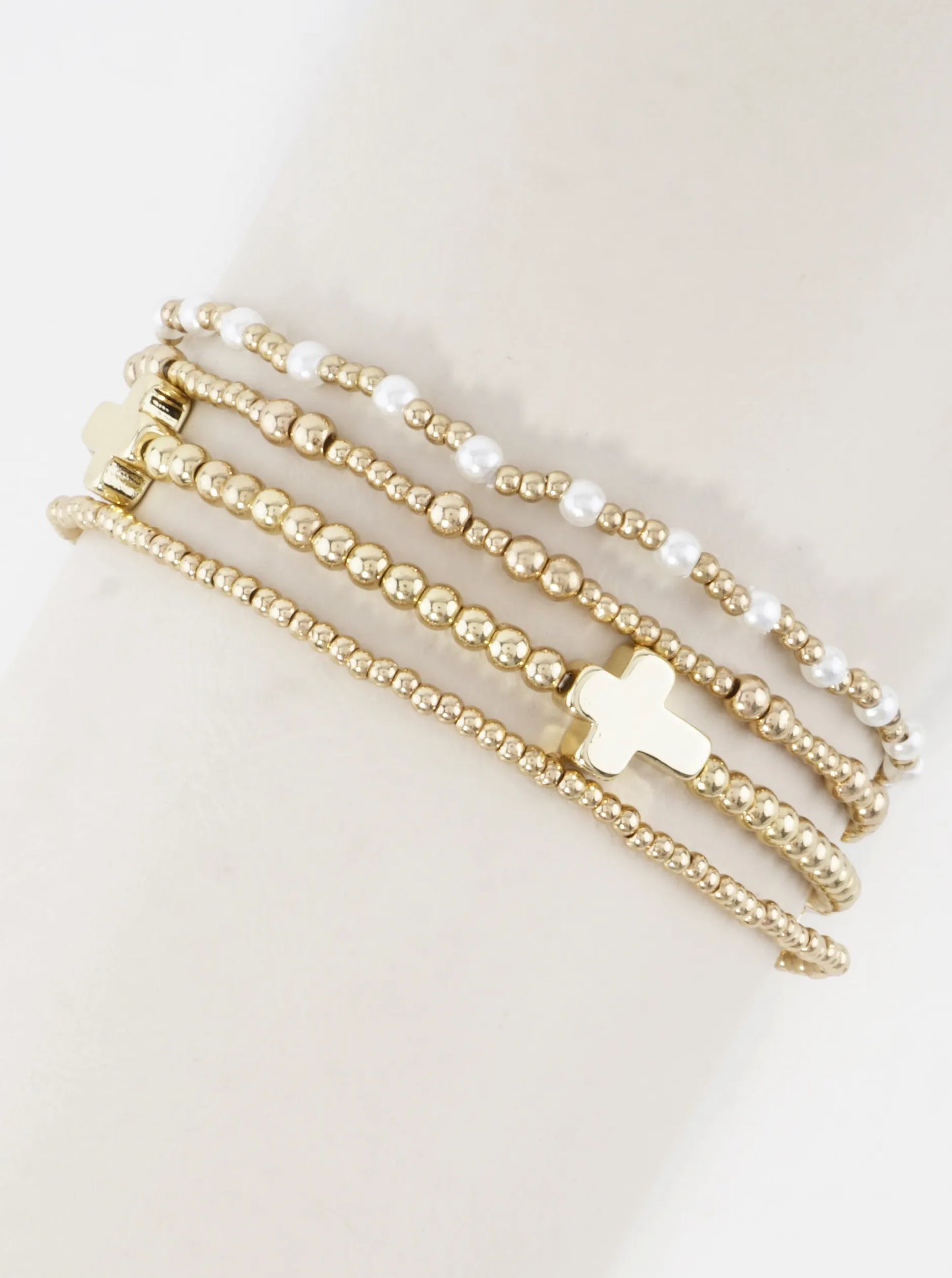 4PC-Set Cross Accents Metallic Stretch Bracelets