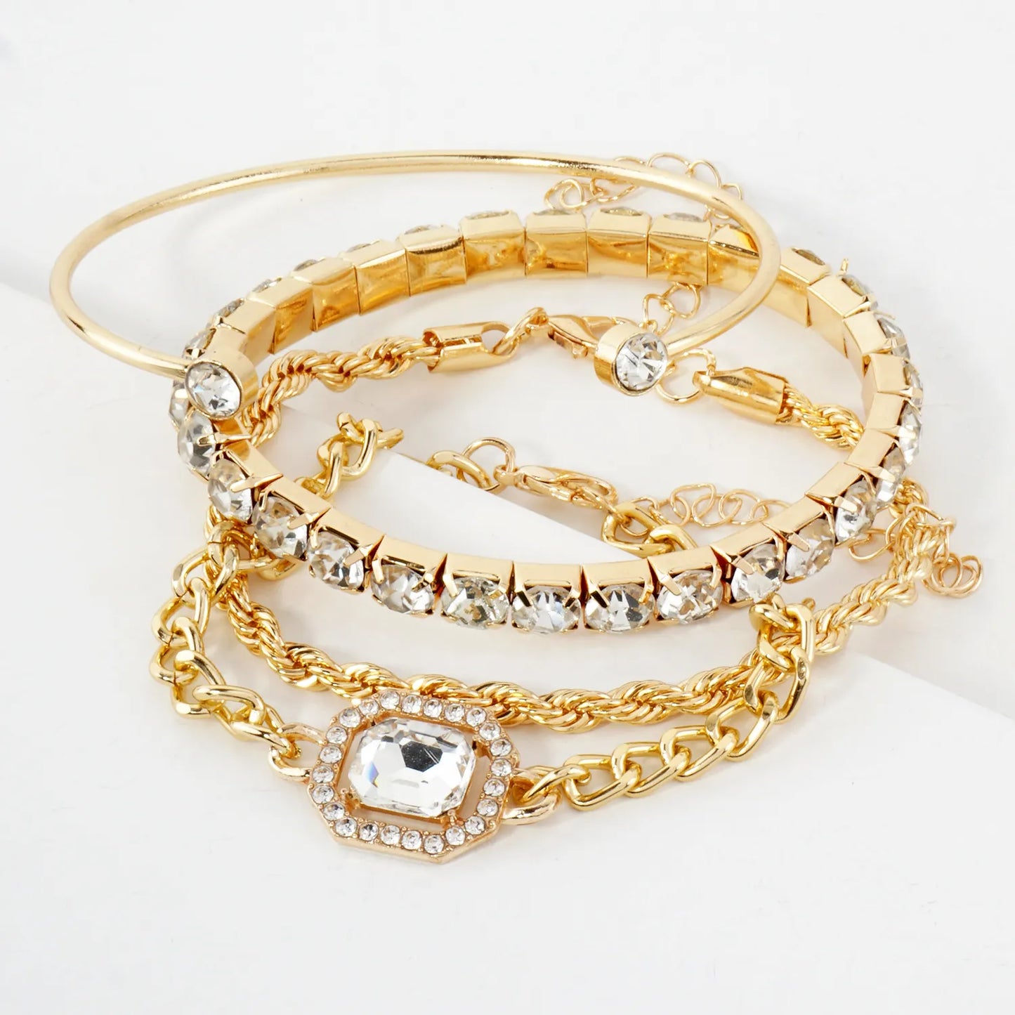 4PC-Set Crystal Octagon Accent Chain Bracelet