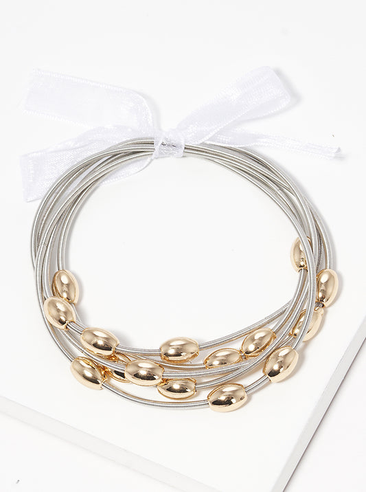 4PC-Set Curved Brass Bar Accents Tiny Metallic-Beaded Stackable Stretch Bracelet