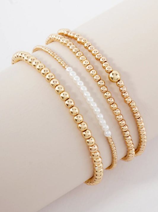 4PC-Set Metallic Beads Pearls Stackable Stretch Bracelets