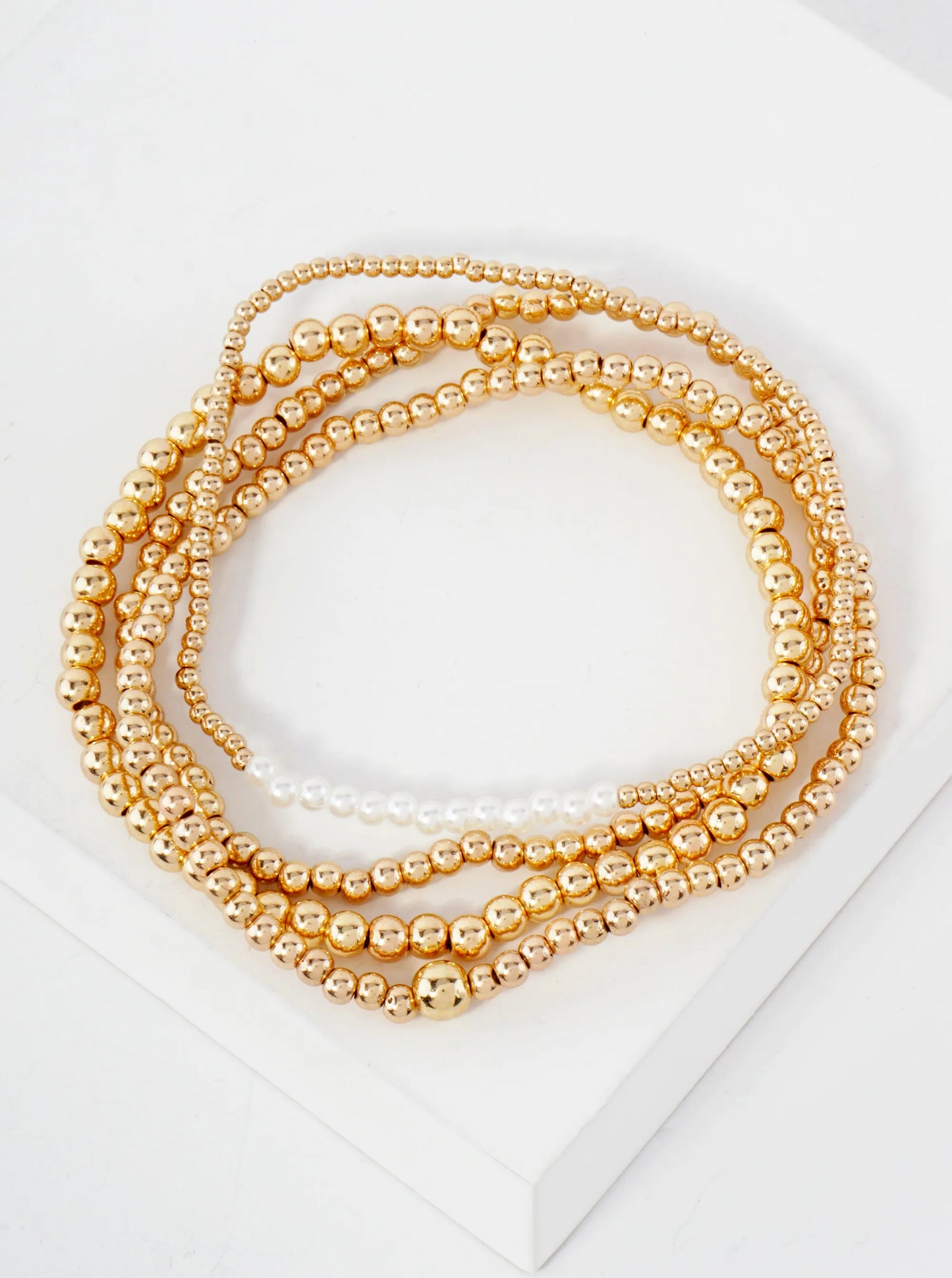4PC-Set Metallic Beads Pearls Stackable Stretch Bracelets