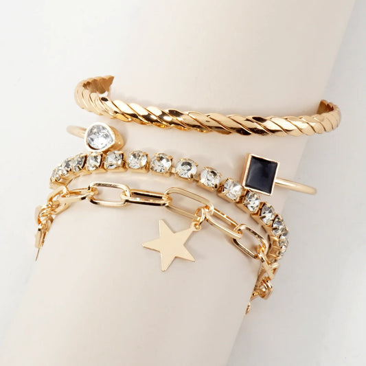 4PC-Set Polished Metal Brushed-Texture Star Charm Chain Tennis Open Cuff Bracelet