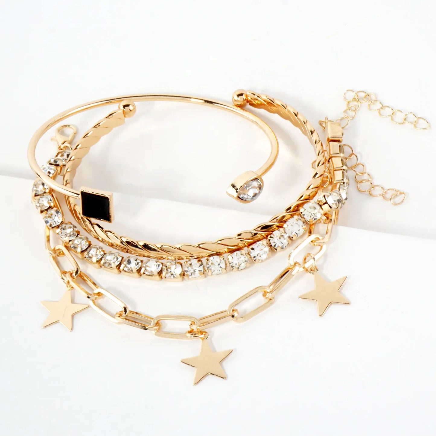 4PC-Set Polished Metal Brushed-Texture Star Charm Chain Tennis Open Cuff Bracelet